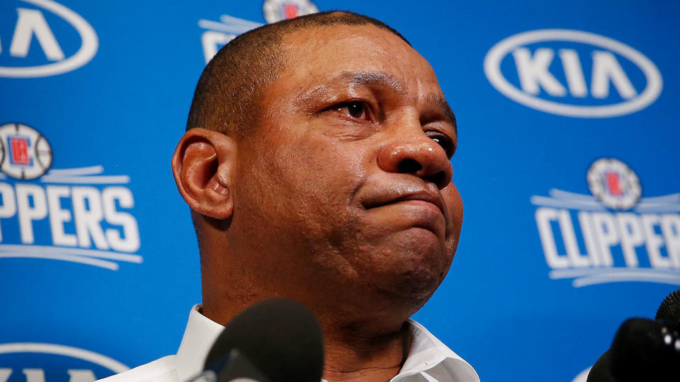 Head coach Doc Rivers of the LA Clippers fighting back tears as he addresses the media after former NBA player Kobe Bryant.