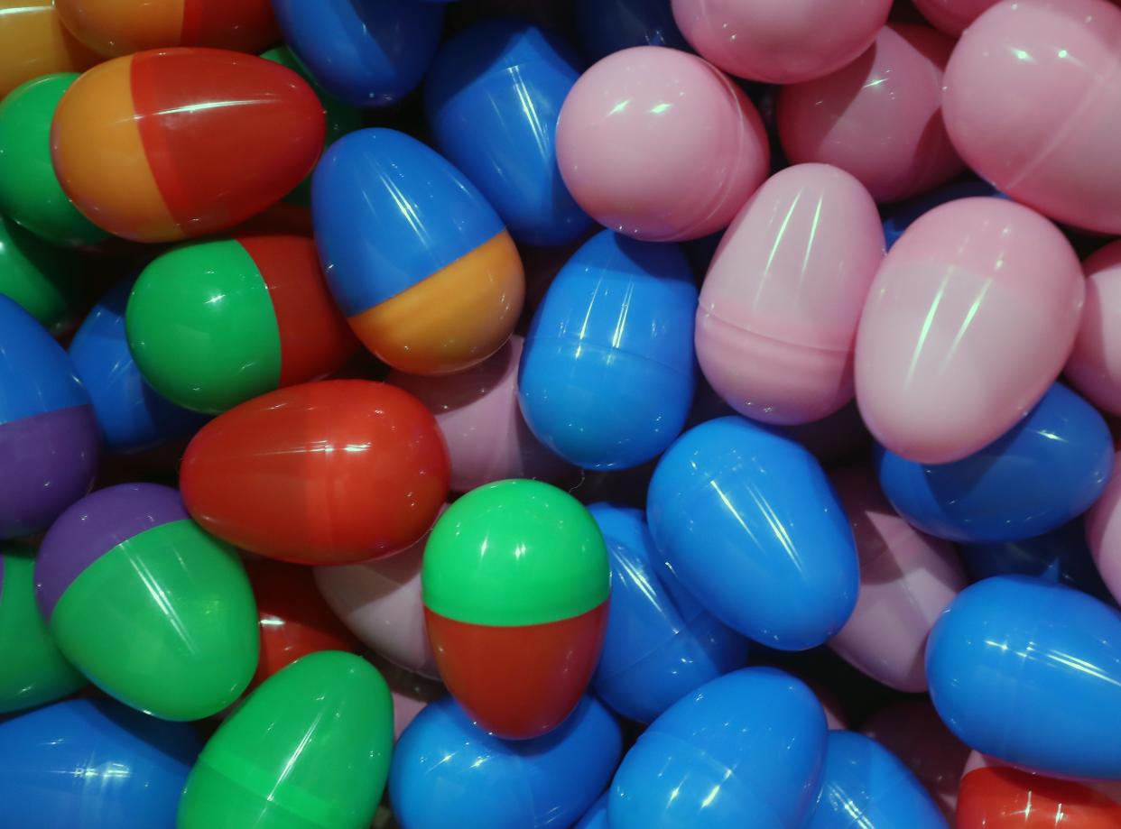 Candy filled plastic eggs fill a box at the Bremerton Elks Lodge on Wednesday, March 27, 2024.