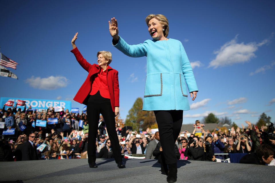 Democratic U.S. presidential nominee Hillary Clinton waves as she arrives to a campaign event accompanied by U.S. Senator Elizabeth Warren (D-MA) at Alumni Hall Courtyard, Saint Anselm College in Manchester, New Hampshire U.S.