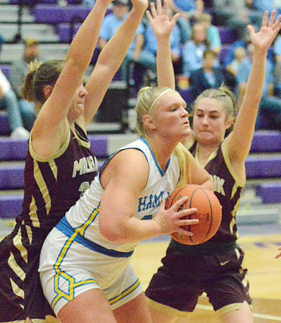 Hamlin's Kami Wadsorth is trapped by Milbank's Maurina Street and Sierra Wenzl (right) during their SoDak 16 Class A state-qualifying girls basketball game on Thursday, March 2, 2023 in the Watertown Civic Arena.
