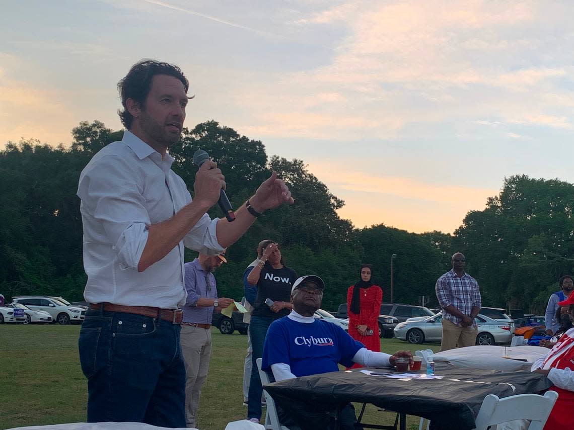 Former U.S. Rep. Joe Cunningham, a Democratic candidate for South Carolina governor, speaks at the annual fish fry hosted by House Majority Whip Jim Clyburn in North Charleston on Saturday, May 7, 2022.