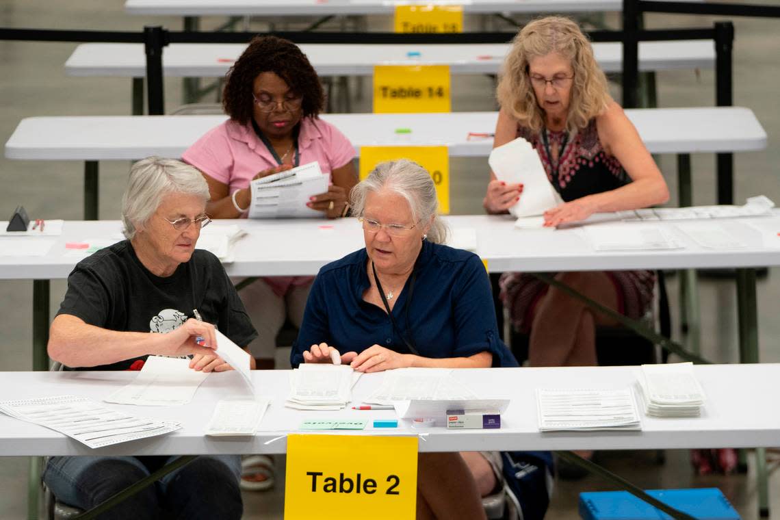 Bipartisan counting teams prepare to recount nearly 150,000 ballots at the Sedgwick County Extension Center on a constitutional amendment that would’ve removed abortion rights from the Kansas Constitution.