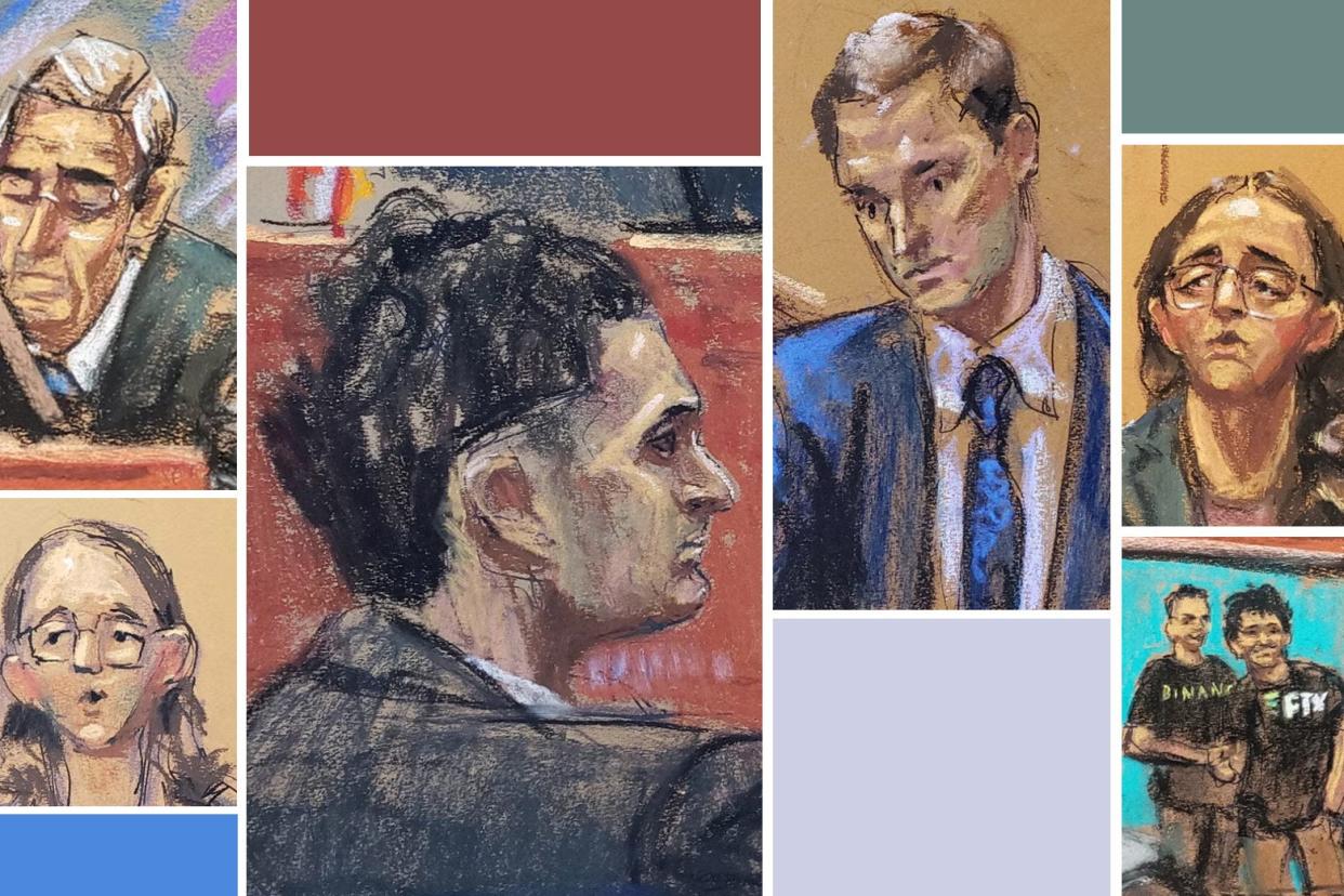 A college of courtroom sketches by Jane Rosenberg from the Sam Bankman-Fried trial 