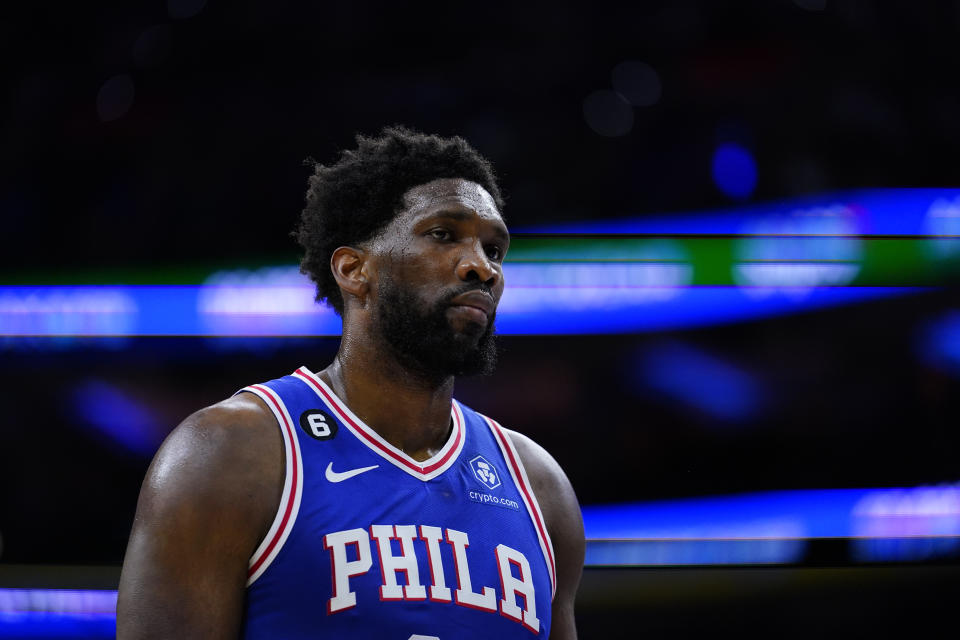 It was revealed Saturday that Philadelphia 76ers' Joel Embiid was limited in the team's training camp due to a lingering foot injury. (AP Photo/Matt Slocum)