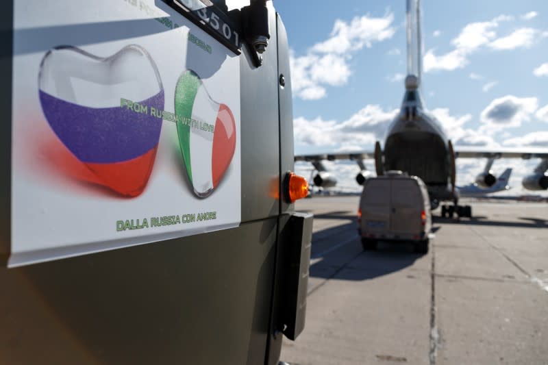 The Russian military send medical supply to Italy at an airdrome in Moscow region
