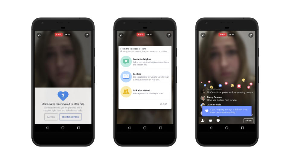 This image provided by Facebook shows a demonstration of live broadcaster support, an example of one of the company's suicide prevention tools. Facebook is beefing up its suicide prevention tools, adding ways for crisis workers to reach out to people through Messenger. It’s also adding options for people to report if someone might harm themselves while broadcasting on Facebook Live and is streamlining the process to report posts about suicide or self-injury. Facebook has had suicide prevention tools for more than a decade. (Facebook via AP)