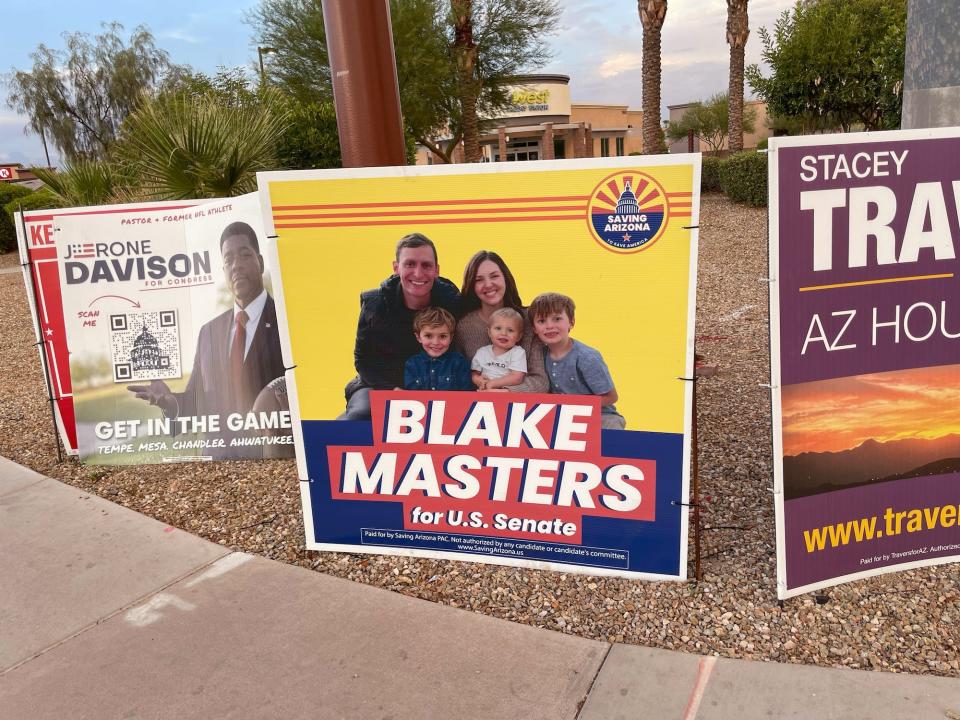 A yard sign for Blake Masters funded by the Peter Thiel-backed Saving Arizona PAC in Chandler, Arizona.