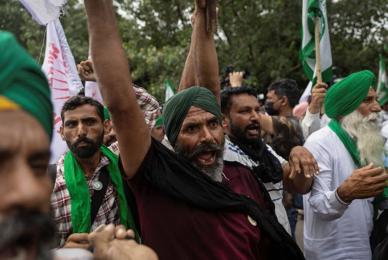 Farmers attend a Maha Panchayat or grand village council meeting as part of a farmers' protest in New Delhi