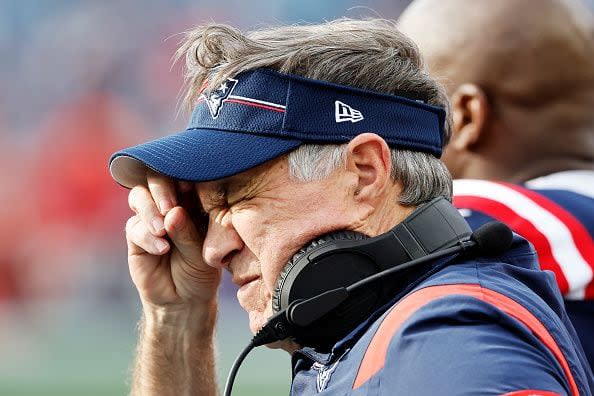 FOXBOROUGH, MASSACHUSETTS - OCTOBER 08: Head coach Bill Belichick of the New England Patriots reacts during the fourth quarter against the New Orleans Saints at Gillette Stadium on October 08, 2023 in Foxborough, Massachusetts. (Photo by Winslow Townson/Getty Images)