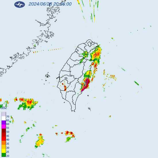 花蓮和台東列入大雷雨警戒區域。（圖／中央氣象署）