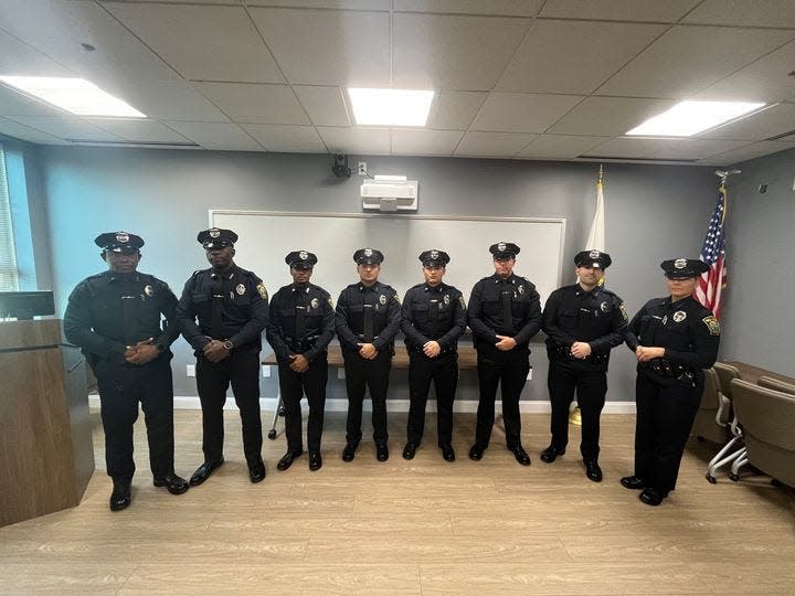 Eight officers recently joined the Fall River Police Department. Pictured from left are Jeffrey Louis, William Saddler, Clautino Monteiro, Jonathan Delgado, Jacob Swenson, James Mello, Christopher Silvia and Wanda Otero-Sanchez. This group graduated the MPTC Plymouth Police Academy on Friday, Dec 23.