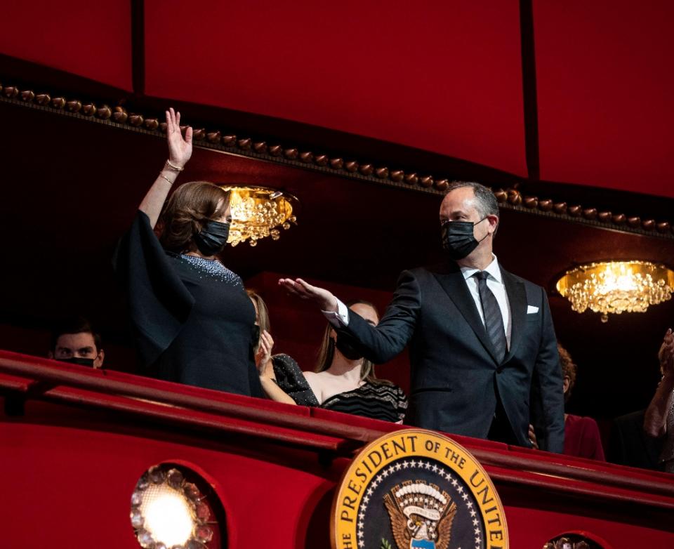 Kamala Harris gives the crowd a wave at the 44th Kennedy Center Honors at the White House on December 5. - Credit: MEGA