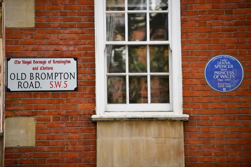 English Heritage's Blue Plaque to Diana, Princess of Wales marking the flat where she lived at the time of her engagement to the Prince of Wales is pictured in London