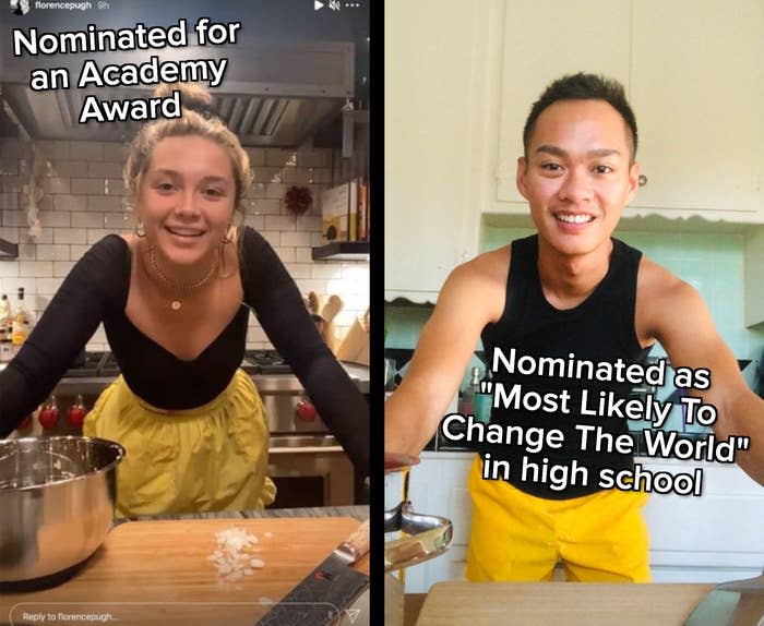 (left) florence pugh in her kitchen (right) author in his kitchen