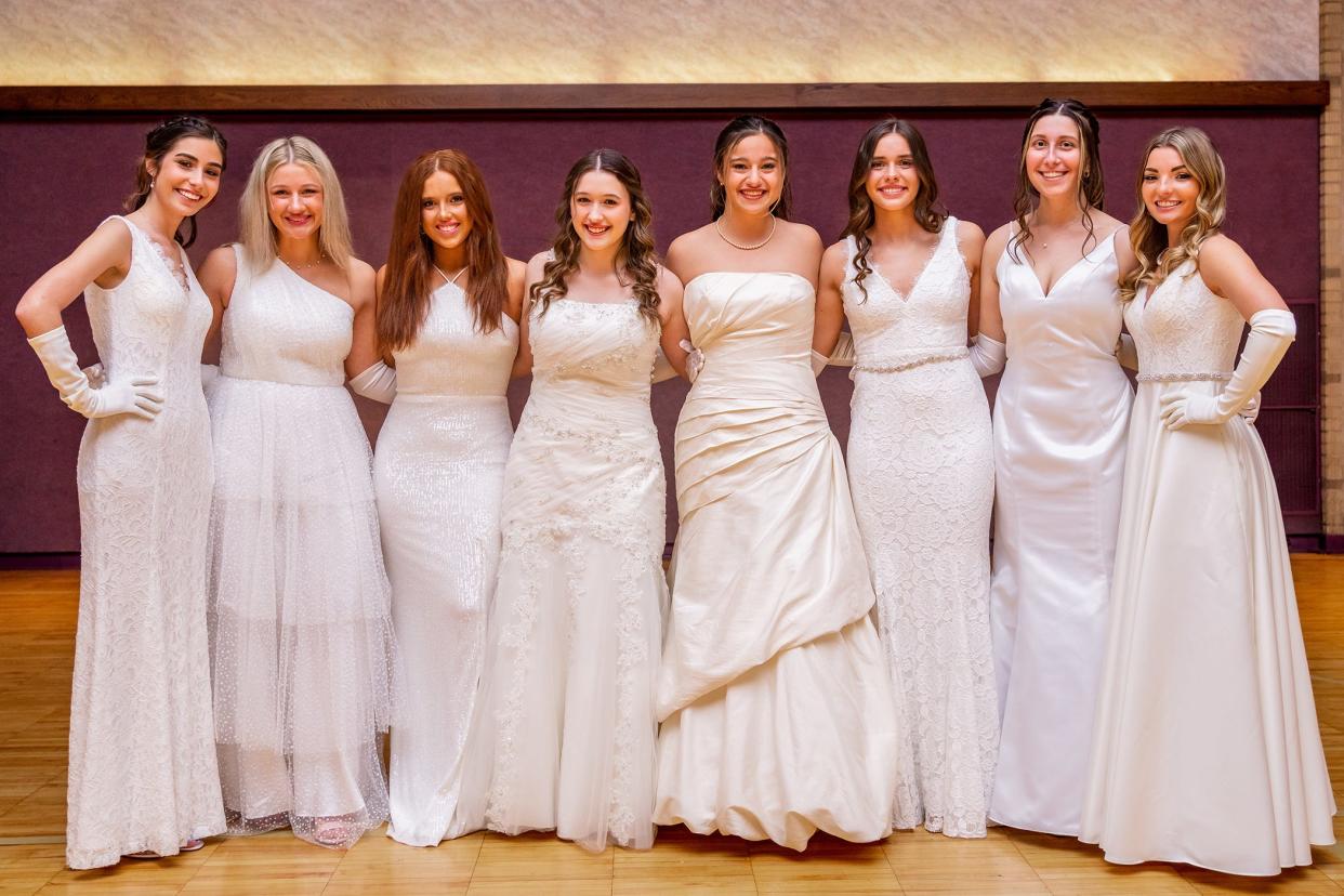 Daughters of Penelope (Canton Chapter) 54th Annual Debutante Ball (left to right) honorees are Ava Rocco (GlenOak), Paige Goss (Hoover), Elaina Norris (GlenOak), Marianthi Halkias (GlenOak), Katerina Gilbert (GlenOak), Allie Hartnett (Jackson), Lena Semertsidis (Barberton) and Ariana Tsenekos (GlenOak).