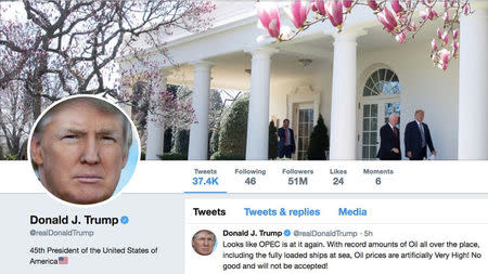 The masthead of U.S. President Donald Trump's @realDonaldTrump Twitter account with a message about OPEC policy is seen on April 20, 2018. @realDonaldTrump/Handout via REUTERS