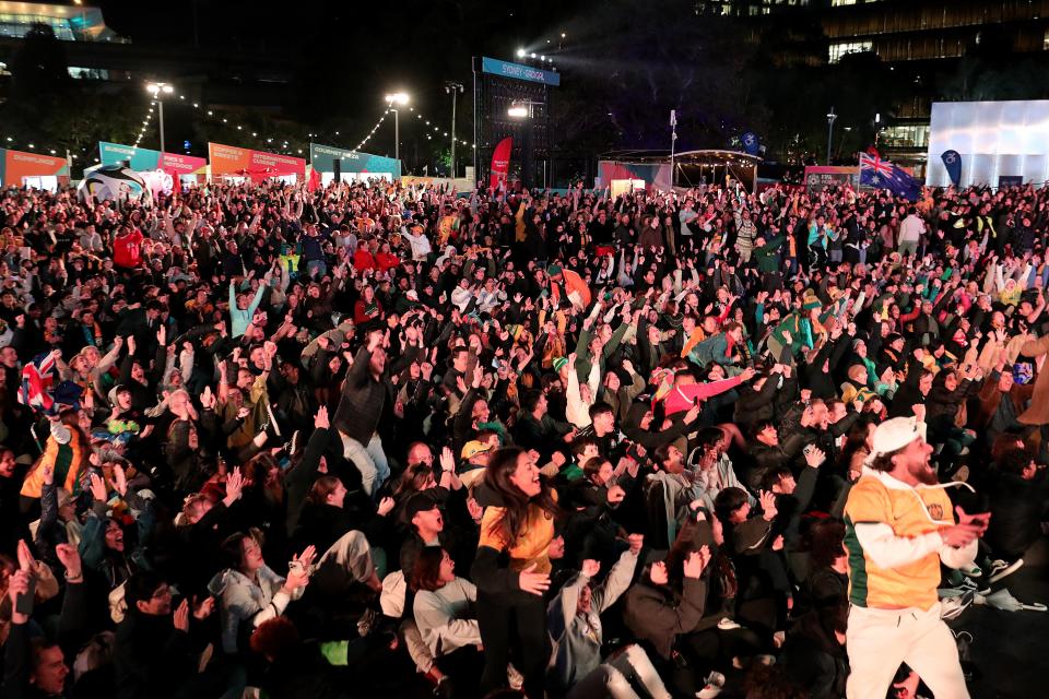 Fans At Sydney's FIFA Fan Site watch the Matildas FIFA World Cup game on August 07, 2023 in Sydney, Australia.