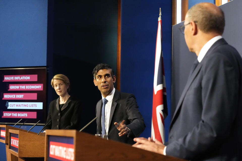 Chief Executive of NHS England, Amanda Pritchard, Prime Minister Rishi Sunak and National Medical Director of NHS England, Professor Stephen Powis, during a press conference in Downing Street in London, as the NHS and Government launch the first ever Long Term Workforce Plan in the history of the NHS. Picture date: Friday June 30, 2023. (Photo by Frank Augstein/PA Images via Getty Images)