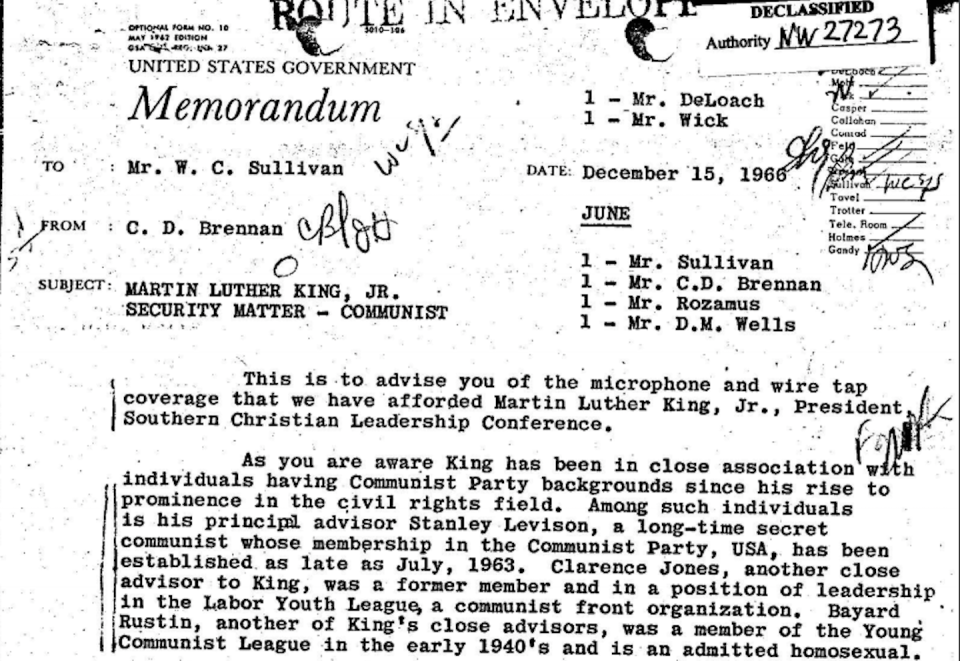 Screenshot from a 1966 FBI memo regarding the surveillance of Martin Luther King Jr. <a href="https://cdn.theconversation.com/static_files/files/613/2820.pdf?1559244493" rel="nofollow noopener" target="_blank" data-ylk="slk:National Archives via Trevor Griffey photo;elm:context_link;itc:0;sec:content-canvas" class="link ">National Archives via Trevor Griffey photo</a>