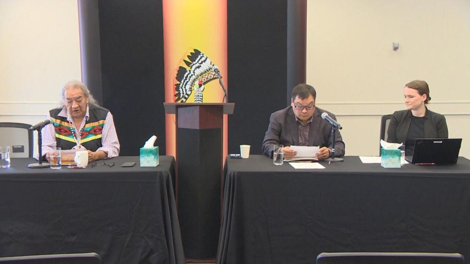 From left: Dennis White Bird of the Assembly of Manitoba Chiefs. Shamattawa First Nation Chief Jordna Hill and Alana Robert, a lawyer with McCarthy Tétrault LLP, speak at a news conference in Winnipeg on Wednesday, Sept. 4, 2024. Shamattawa First Nation launched a class-action lawsuit against the federal government in September 2022 alleging Canada has breached its obligations to ensure First Nations have access to clean drinking water on reserves. In October, a motion for a summary judgment will be heard at Federal Court in Ottawa, asking the court to recognize that First Nations people have the right to safe drinking water, Robert said. 