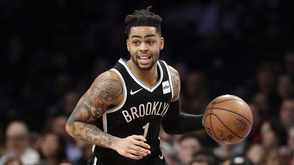 Brooklyn Nets guard D'Angelo Russell (1) drives down court during the second half of an NBA basketball game, Wednesday, Feb. 27, 2019, in New York. The Wizards defeated the Nets 125-116. (AP Photo/Kathy Willens)