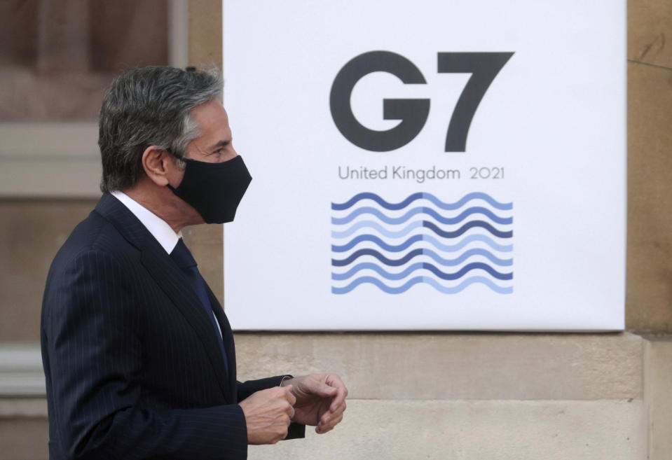 US Secretary of State, Antony Blinken, arrives for talks, during the G7 foreign ministers' meeting, at Lancaster House in London, Wednesday, May 5, 2021. Diplomats from the group of wealthy nations are meeting in London for their first face-to-face gathering in two years. (Hannah McKay/Pool Photo via AP)