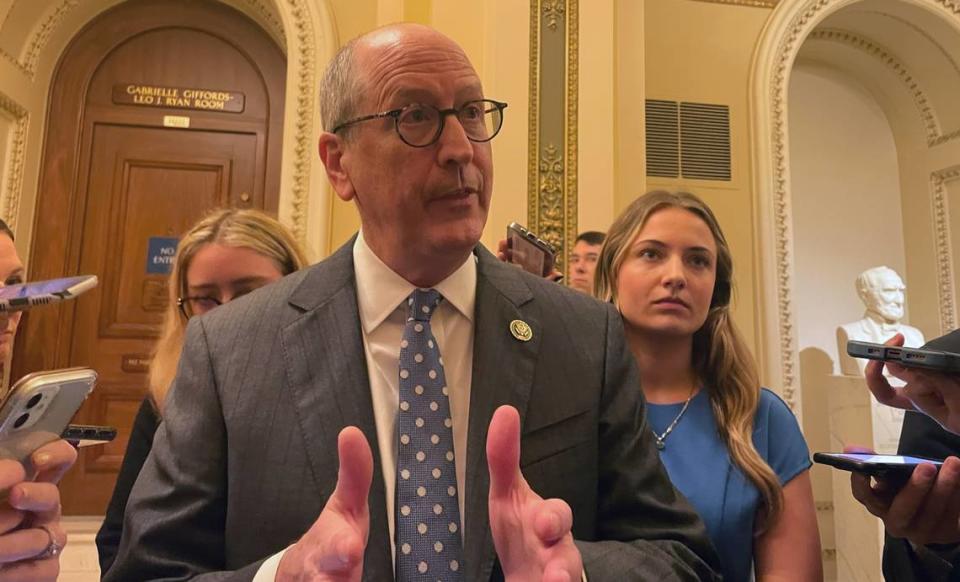 Rep. Dan Bishop speaks to reporters outside the House chamber in Washington, D.C. on Wednesday, Jan. 4, 2023. 