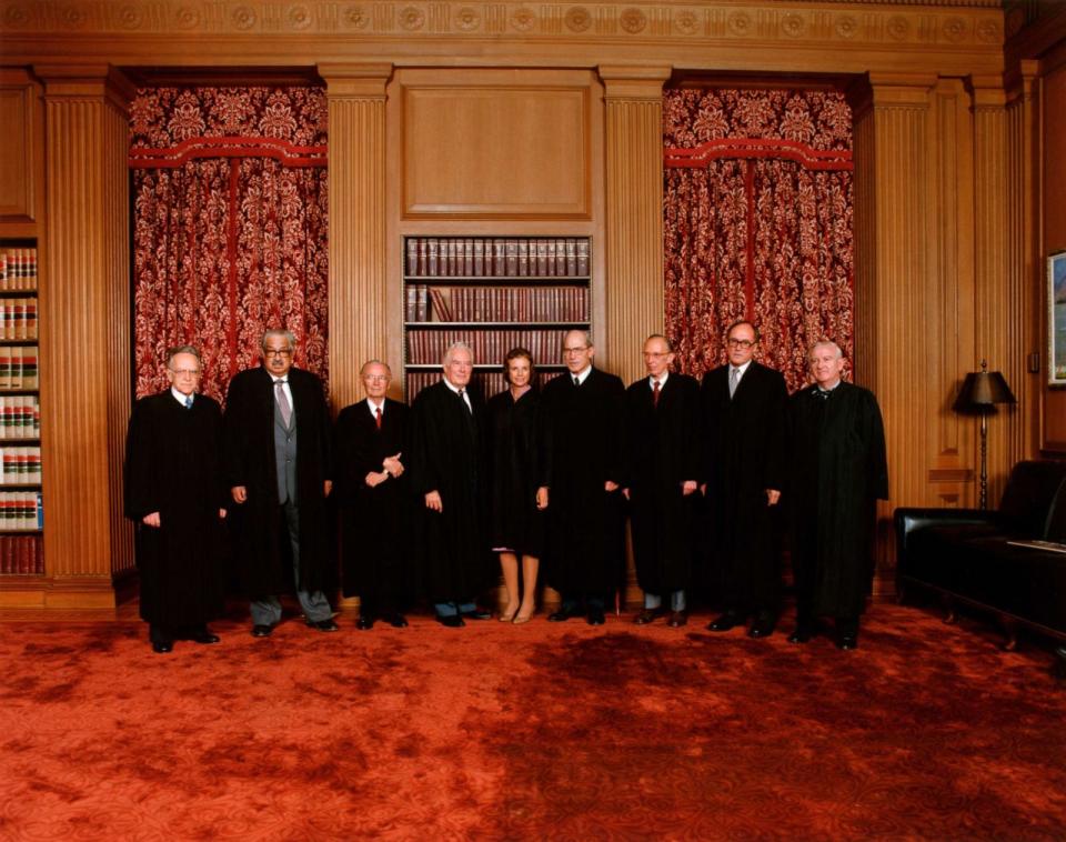 PHOTO: From left to right are Supreme Court Justices Harry Blackmun, Thurgood Marshall, William Brennan, Warren Burger, Sandra O'Connor, Byron White, Lewis Powell, William Rehnquist and John Paul Stevens in 1981. (Corbis via Getty Images, FILE)
