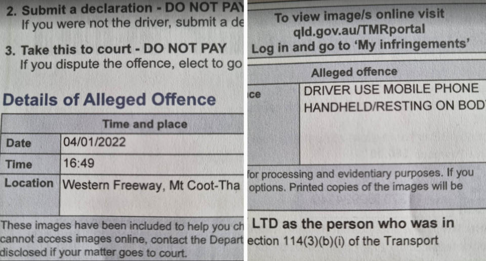 The infringement notice showing the offence as 