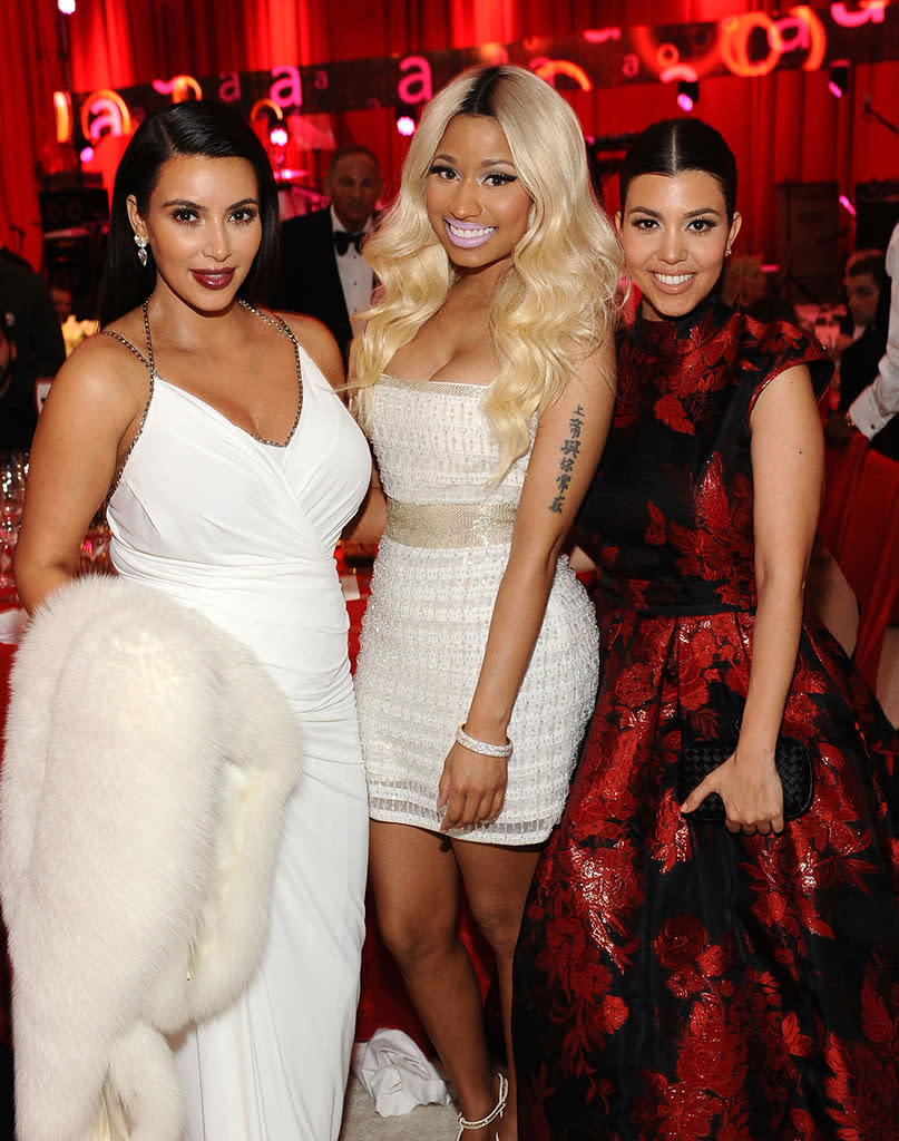 Kim Kardashian, Nicki Minaj and Kourtney Kardashian attend Chopard at 21st Annual Elton John AIDS Foundation Academy Awards Viewing Party at Pacific Design Center on February 24, 2013 in West Hollywood, California.