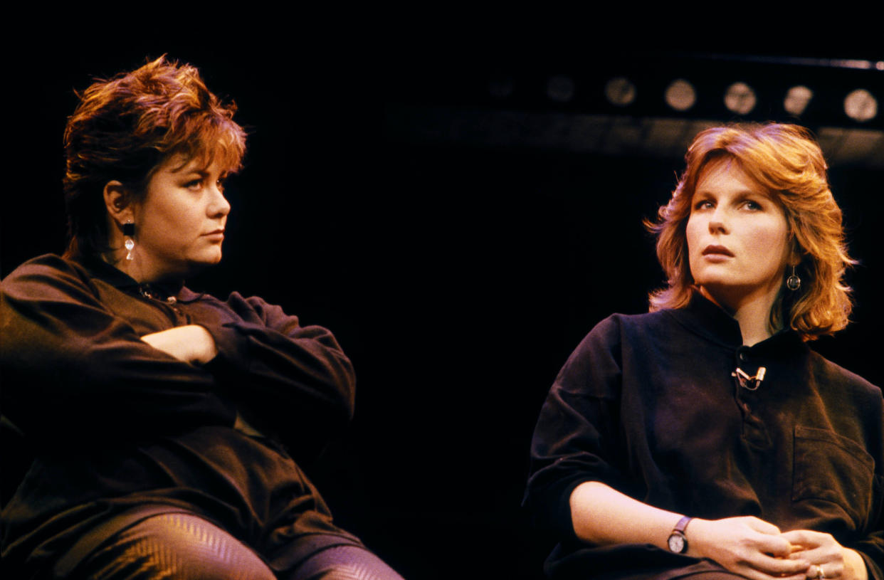 English actors and comedians Dawn French (left) and Jennifer Saunders, as 'French & Saunders' perform their 'Friendly Advice' at Comic Relief Utterly Utterly Live, Shaftesbury Theatre, London, 1986. (Photo by Steve Rapport/Getty Images)