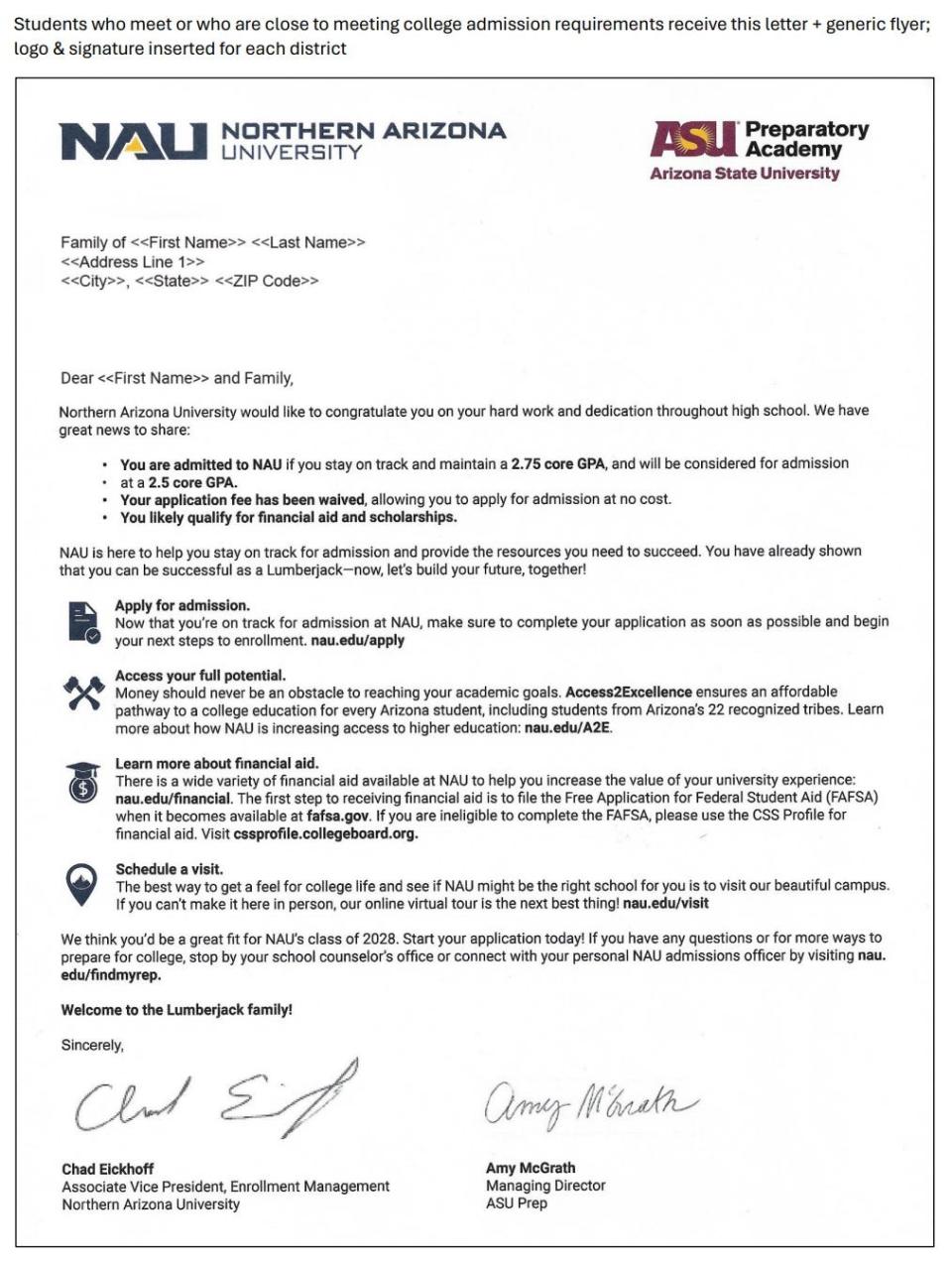 NAUU sample acceptance letter sent when student meets or is close to meeting college admission requirements