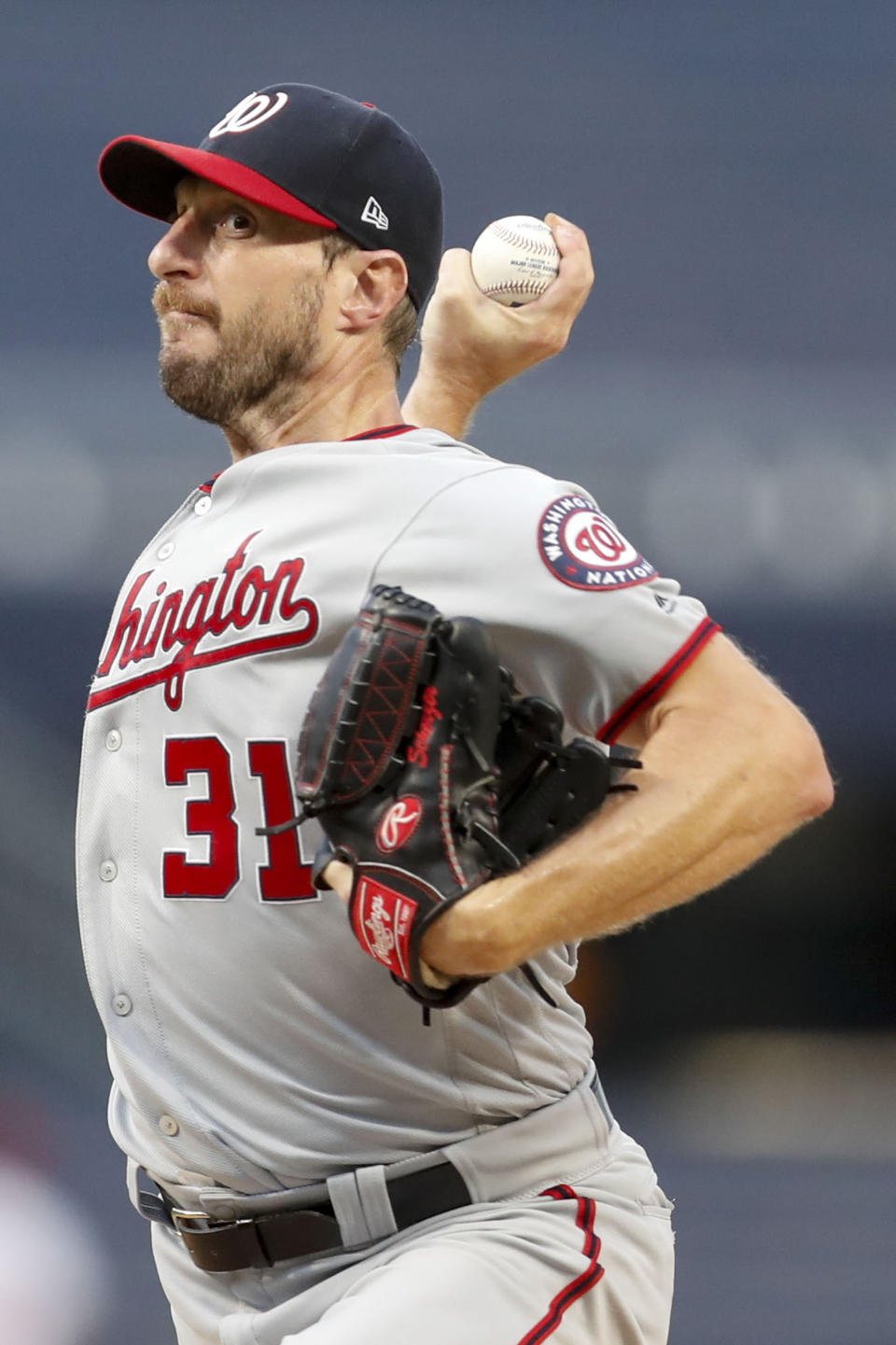 Washington Nationals starter Max Scherzer pitches against the Pittsburgh Pirates in the first inning of a baseball game Thursday, Aug. 22, 2019, in Pittsburgh. (AP Photo/Keith Srakocic)