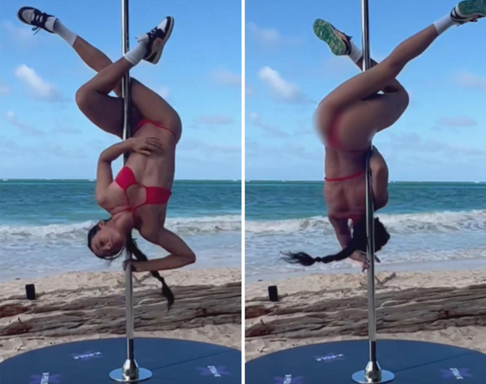 Two photos of influencer sarahkoolass pole dancing on the beach