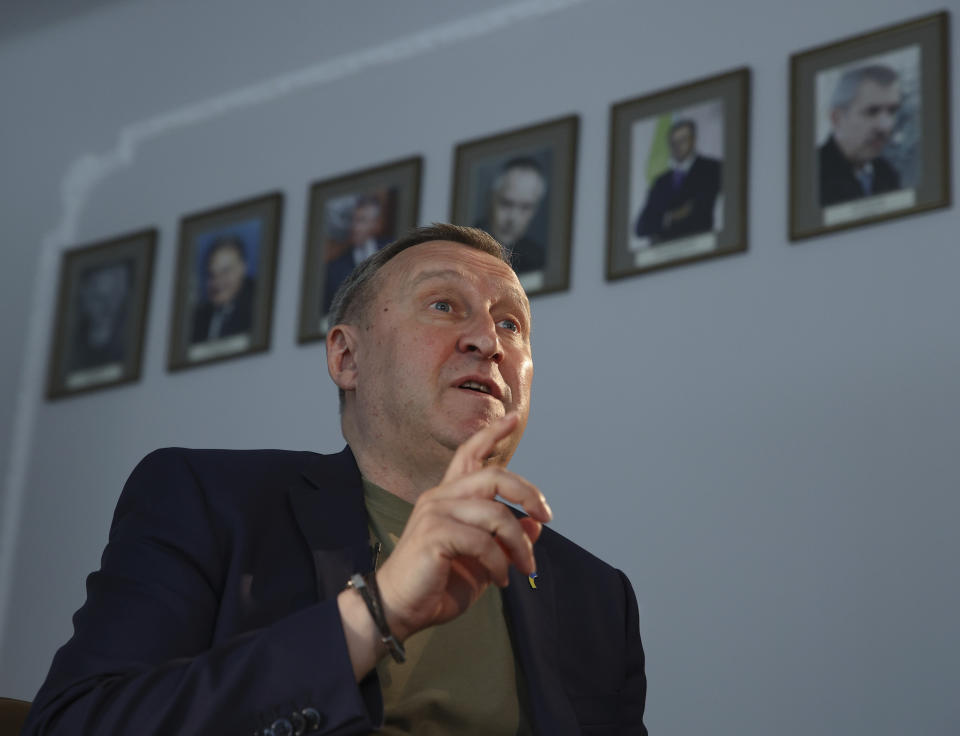 Ukrainian Ambassador to Poland, Andrii Deshchytsia, speaks during an interview with The Associated Press in Warsaw, Poland, Friday, May 20, 2022. Ukraine's ambassador to neighboring Poland says his country is grateful for the welcome that Poles have given to millions of Ukrainians, but hopes the European Union will soon release billions of euros to Poland so that helping those fleeing the war does not come “at the cost of the Polish people.” Ambassador Andrii Deshchytsia said that while there have been no real social tensions in the three months since Ukrainians began crossing into Poland seeking safety, he worries they could appear in the future given how much Poland has done. (AP Photo/Michal Dyjuk)