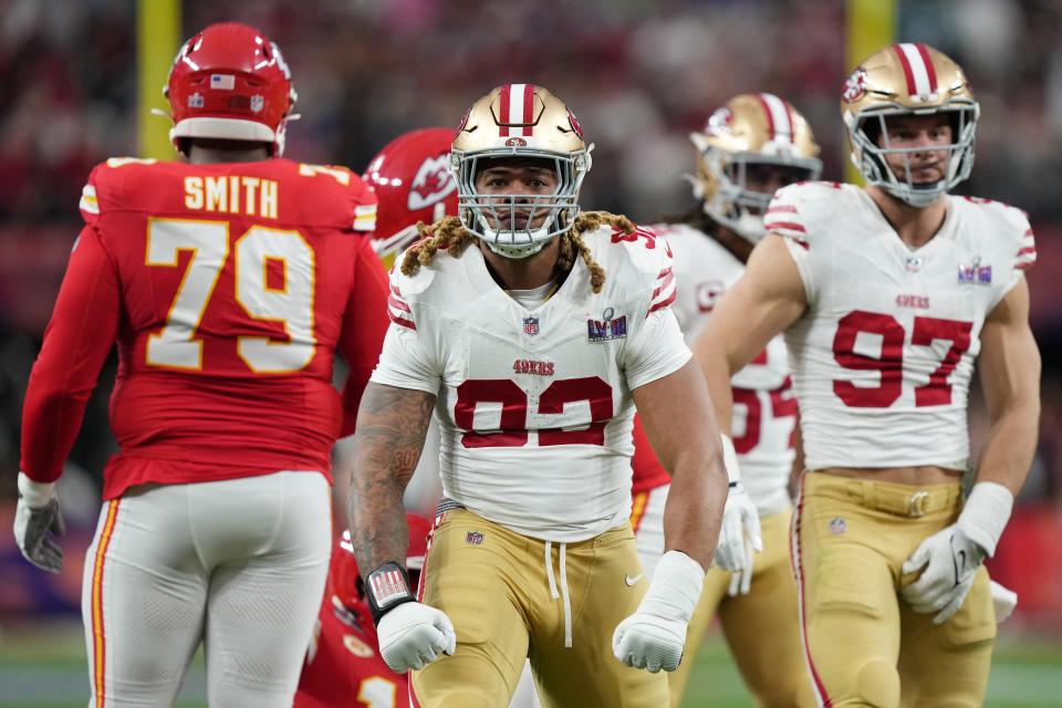 San Francisco 49ers defensive end Chase Young (92) reacts after a play against the Kansas City Chiefs during the first quarter of Super Bowl LVIII at Allegiant Stadium.