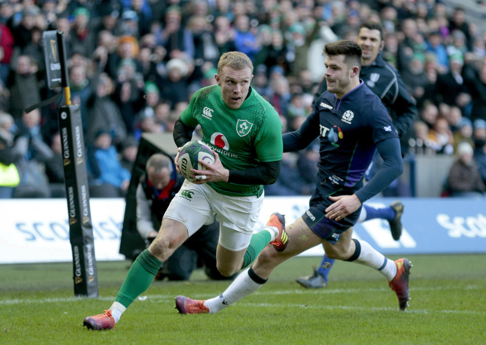 Ireland's Keith Earls scores their third try during the the Six Nations rugby union international match between Scotland and Ireland at Murrayfield, Edinburgh, Scotland, Saturday Feb. 9, 2019. (Graham Stuart/PA via AP)