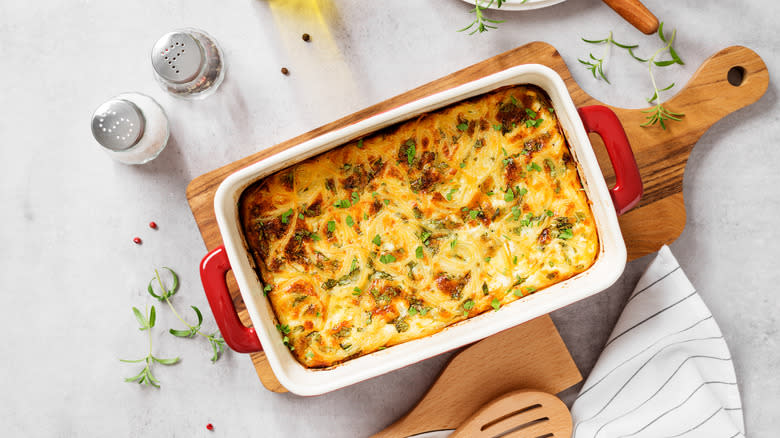 Casserole dish topped with cheese