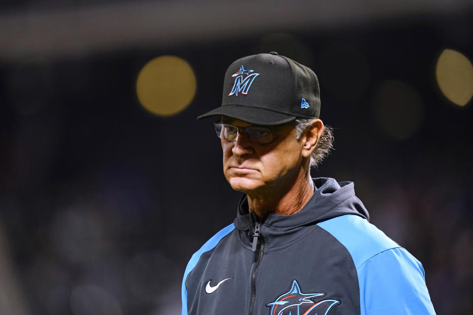 Miami Marlins manager Don Mattingly walks on the field before the team's baseball game against the New York Mets on Tuesday, Sept. 27, 2022, in New York. (AP Photo/Frank Franklin II)