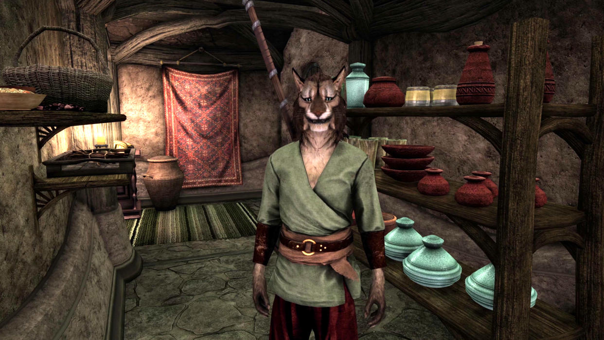  A khajiit character in Morrowind in a house. 