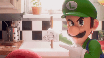 Mario and Luigi plunge a pipe to fix a clog in a kitchen sink while staring intently into the camera.