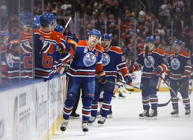 Edmonton Oilers’ Milan Lucic (27) celebrates a goal against the Los Angeles Kings during first period NHL action in Edmonton, Alta., on Monday, March 20, 2017. THE CANADIAN PRESS/Codie McLachlan