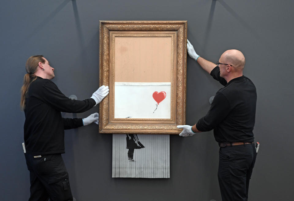 04 February 2019, Baden-Wuerttemberg, Baden-Baden: The shredded Banksy painting 