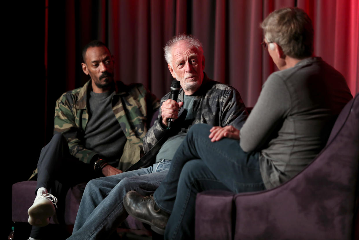 LOS ANGELES, CALIFORNIA - NOVEMBER 23:  Island Records President Darcus Beese and Island Records Founder Chris Blackwell speak onstage with Grammy Museum Executive Director Bob Santelli at Island Records 60th Anniversary at The GRAMMY Museum on November 23, 2019 in Los Angeles, California. (Photo by Jerritt Clark/Getty Images for Island Records)