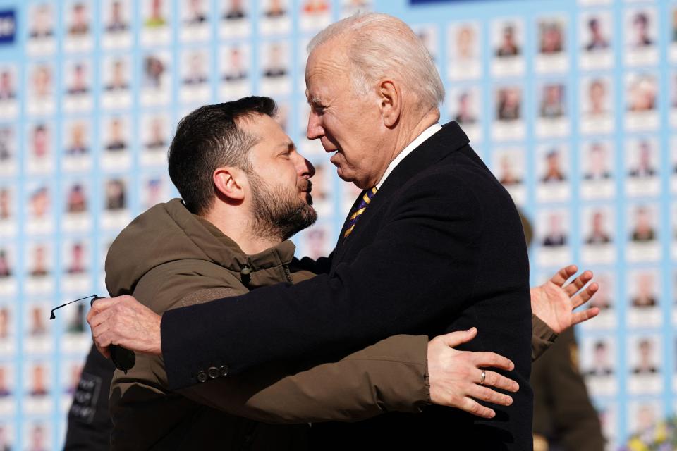 President Joe Biden is greeted by Ukrainian President Volodymyr Zelenskyy during a visit in Kyiv on February 20, 2023. Biden made a surprise trip to Kyiv on February 20, 2023, ahead of the first anniversary of Russia's invasion of Ukraine.