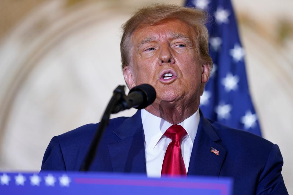 Former President Donald Trump speaks at his Mar-a-Lago estate Tuesday, April 4, 2023, in Palm Beach, Fla.