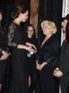 The Duchess of Cambridge meeting Bette Midler at the end of the Royal Variety Performance at the Palladium Theatre in London.The event is in support of the Entertainment Artistes' Benevolent Fund.