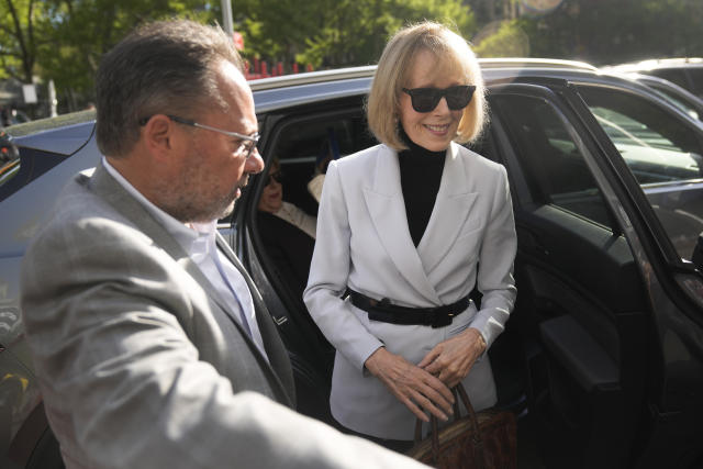 E. Jean Carroll arrives at Manhattan federal court, Monday, May 8, 2023, in New York. (AP Photo/Seth Wenig)
