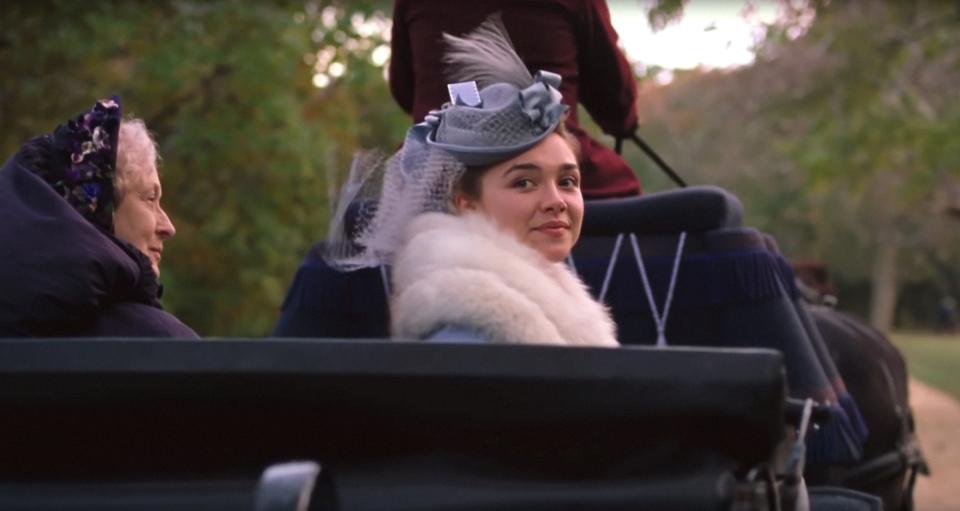 Florence Pugh and Meryl Streep riding in a carriage in "Little Women"