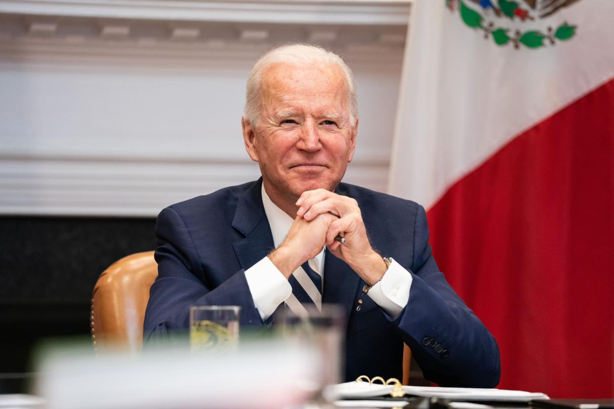 U.S. President Joe Biden attends a virtual meeting with Mexican President Andrés Manuel López Obrador in the Roosevelt Room of the White House on March 1, 2021, in Washington, DC.